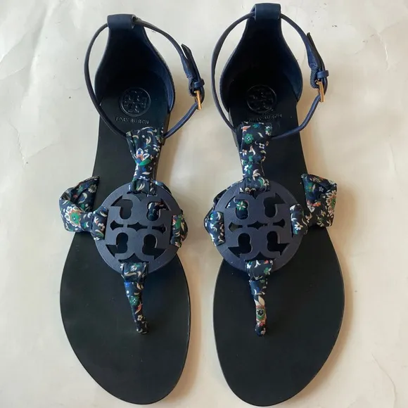 Tory Burch Miller Scarf Sandals Leather Size 9 Royal Navy Blue Floral Satin Logo