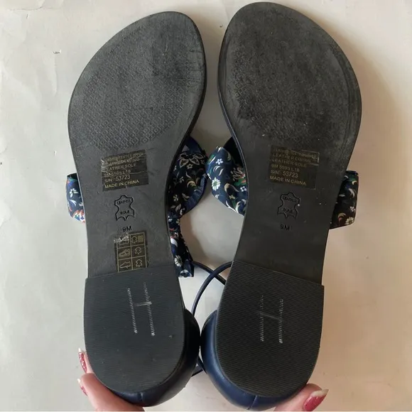 Tory Burch Miller Scarf Sandals Leather Size 9 Royal Navy Blue Floral Satin Logo