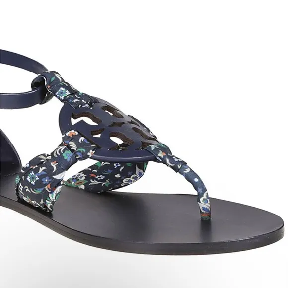 Tory Burch Miller Scarf Sandals Leather Size 9 Royal Navy Blue Floral Satin Logo