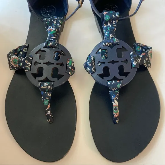Tory Burch Miller Scarf Sandals Leather Size 9 Royal Navy Blue Floral Satin Logo