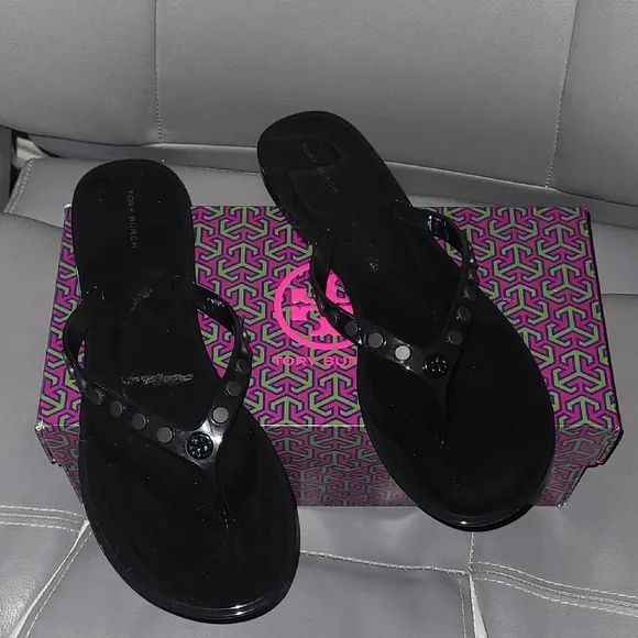 Tory Burch Perfect Black Minimalist Studded Jelly Sandals - Size 11