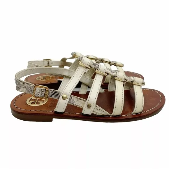 Tory Burch Reggie White Leather Strappy Ankle Sandals Gold Buckle Flat Size 5M