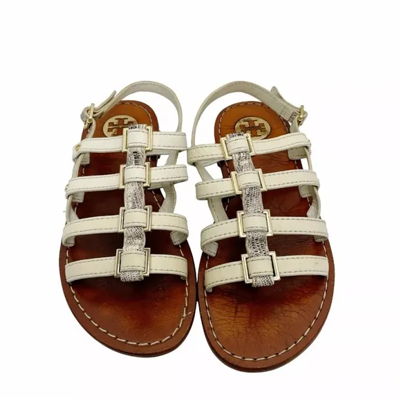 Tory Burch Reggie White Leather Strappy Ankle Sandals Gold Buckle Flat Size 5M