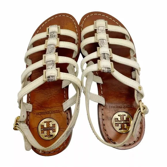 Tory Burch Reggie White Leather Strappy Ankle Sandals Gold Buckle Flat Size 5M