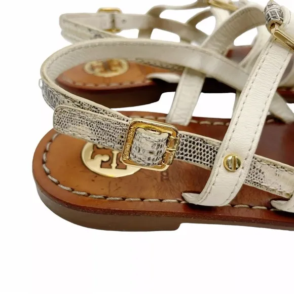 Tory Burch Reggie White Leather Strappy Ankle Sandals Gold Buckle Flat Size 5M