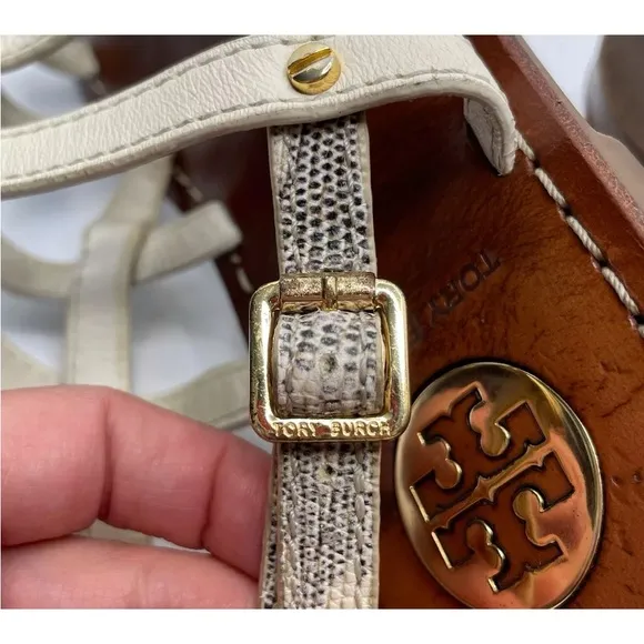 Tory Burch Reggie White Leather Strappy Ankle Sandals Gold Buckle Flat Size 5M