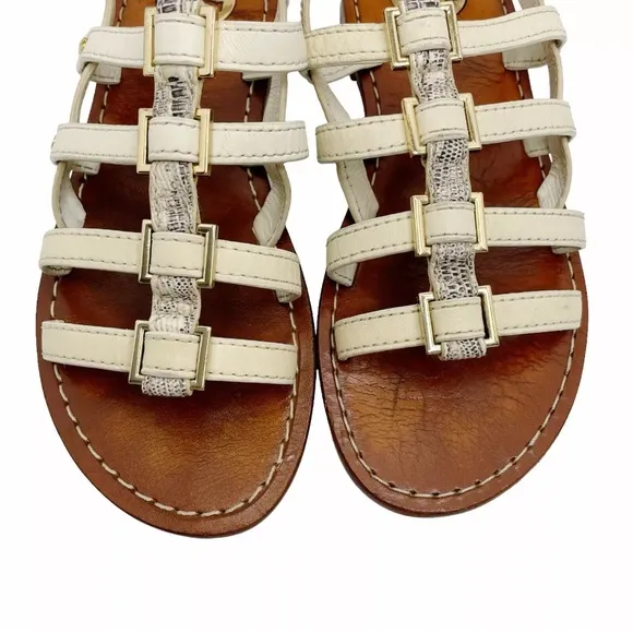 Tory Burch Reggie White Leather Strappy Ankle Sandals Gold Buckle Flat Size 5M