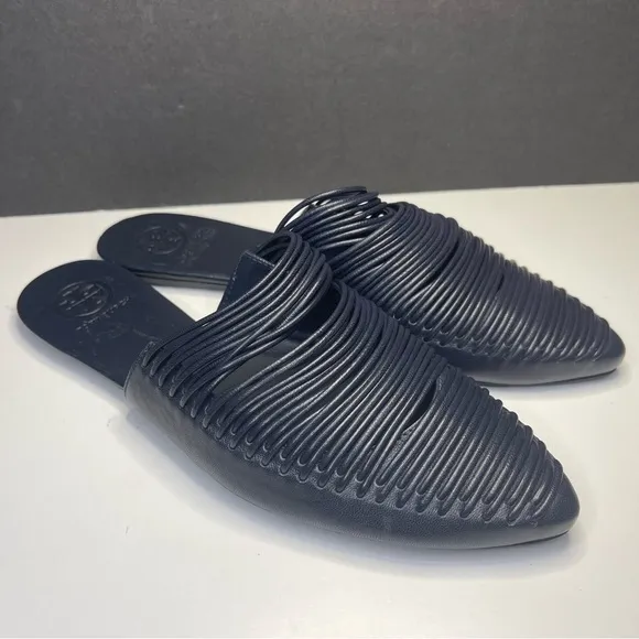 Tory Burch Sienna Woven Navy Blue Leather Mules Slide Sandals Shoes Size 6M