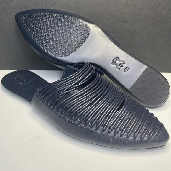 Tory Burch Sienna Woven Navy Blue Leather Mules Slide Sandals Shoes Size 6M
