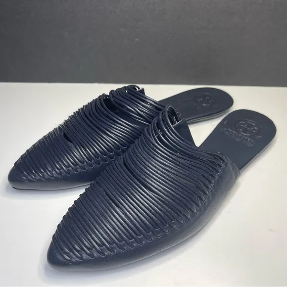 Tory Burch Sienna Woven Navy Blue Leather Mules Slide Sandals Shoes Size 6M