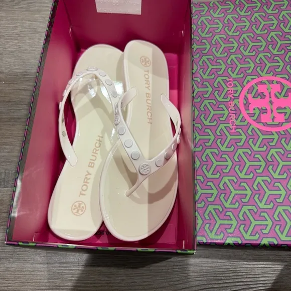 Tory Burch Studded Logo Jelly New Ivory Thong Flip Flop Sandals