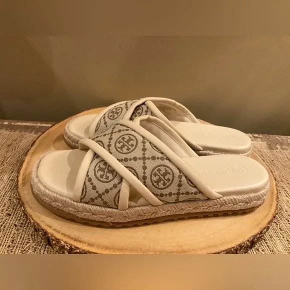 Tory Burch T Logo Monogram Neutral Cream Crisscross Espadrille Sandals 8.5 New