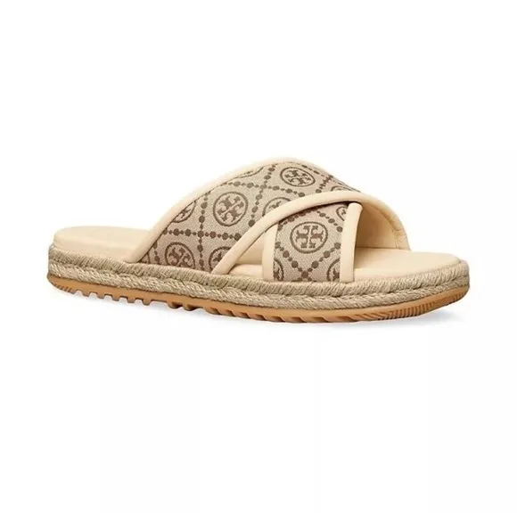 Tory Burch T Logo Monogram Neutral Cream Crisscross Espadrille Sandals 8.5 New