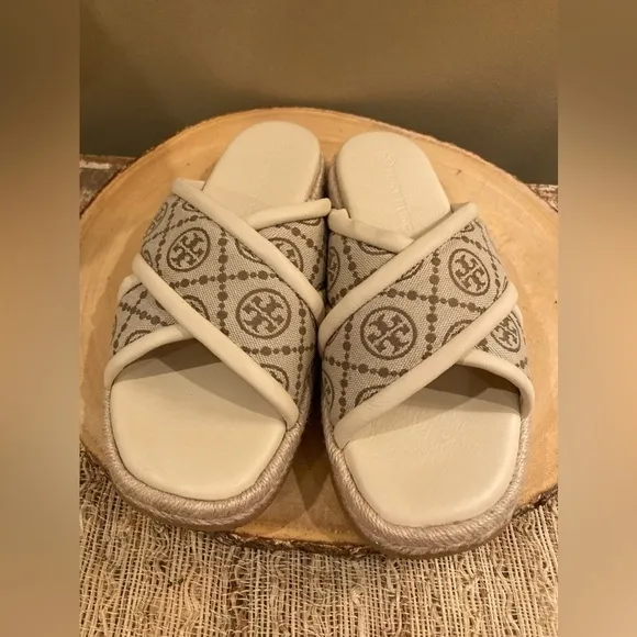 Tory Burch T Logo Monogram Neutral Cream Crisscross Espadrille Sandals 8.5 New