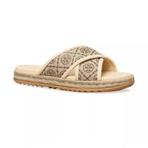 Tory Burch T Logo Monogram Neutral Cream Crisscross Espadrille Sandals 8.5 New