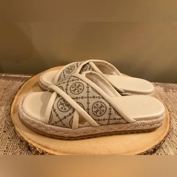 Tory Burch T Logo Monogram Neutral Cream Crisscross Espadrille Sandals 8.5 New