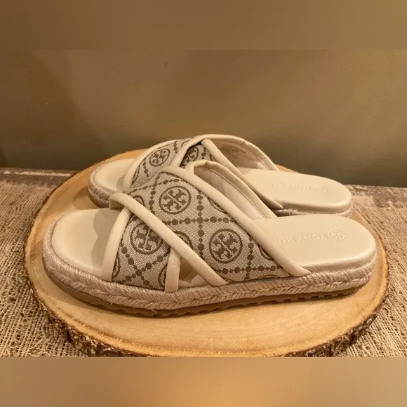Tory Burch T Logo Monogram Neutral Cream Crisscross Espadrille Sandals 8.5 New