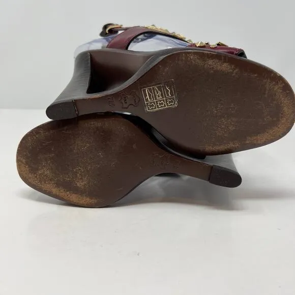 Tory Burch Women's Size 7 Kingsbridge Studded Open Toe Wedge Maroon Sandals