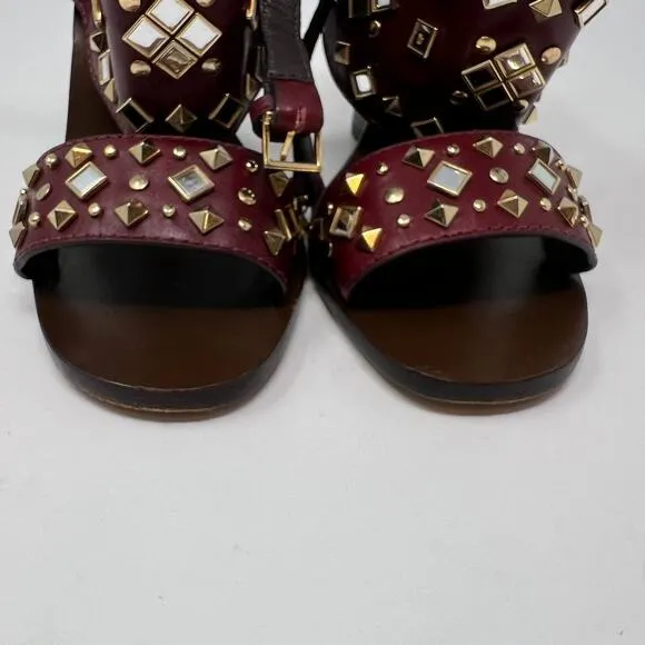 Tory Burch Women's Size 7 Kingsbridge Studded Open Toe Wedge Maroon Sandals