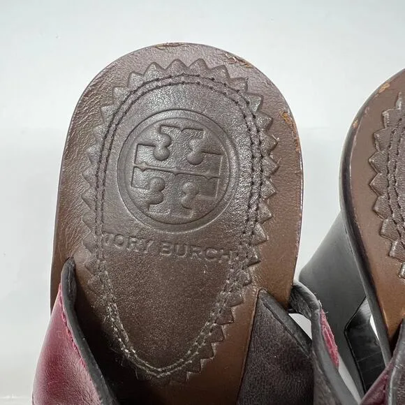 Tory Burch Women's Size 7 Kingsbridge Studded Open Toe Wedge Maroon Sandals