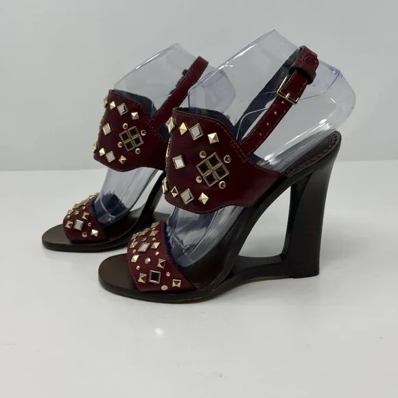 Tory Burch Women's Size 7 Kingsbridge Studded Open Toe Wedge Maroon Sandals
