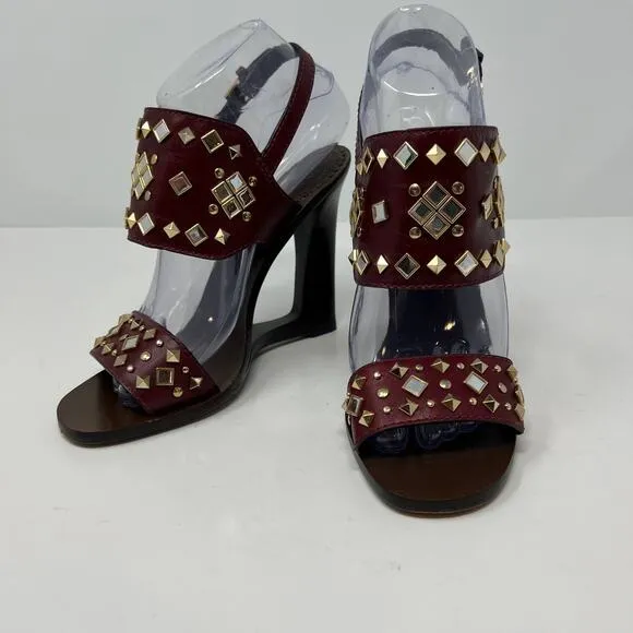 Tory Burch Women's Size 7 Kingsbridge Studded Open Toe Wedge Maroon Sandals