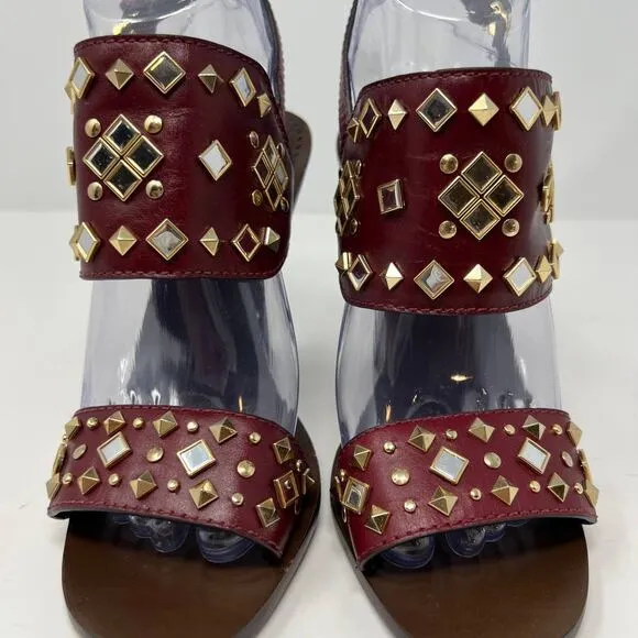 Tory Burch Women's Size 7 Kingsbridge Studded Open Toe Wedge Maroon Sandals