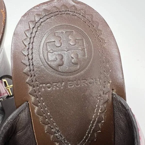 Tory Burch Women's Size 7 Kingsbridge Studded Open Toe Wedge Maroon Sandals
