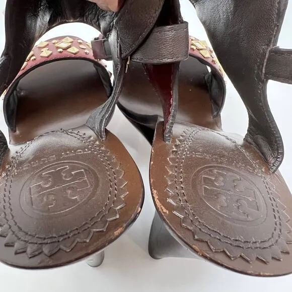 Tory Burch Women's Size 7 Kingsbridge Studded Open Toe Wedge Maroon Sandals
