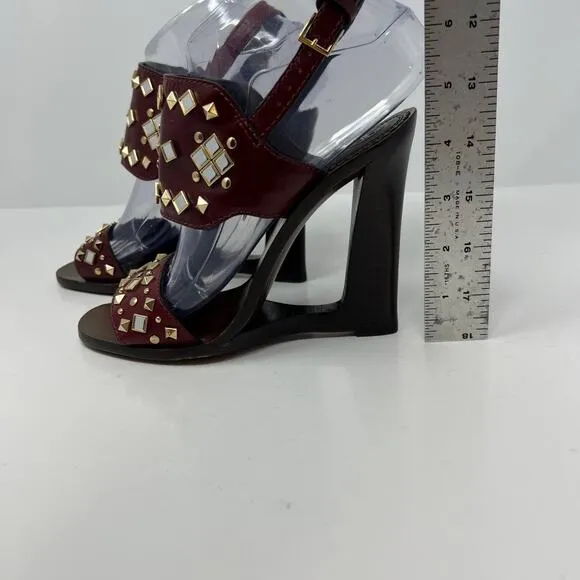 Tory Burch Women's Size 7 Kingsbridge Studded Open Toe Wedge Maroon Sandals