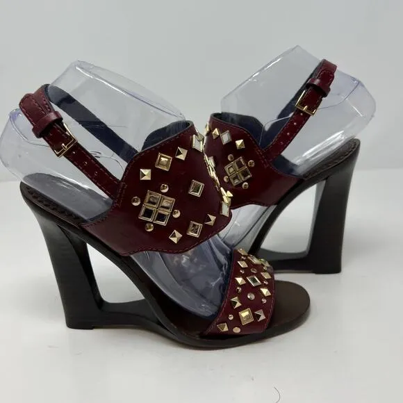 Tory Burch Women's Size 7 Kingsbridge Studded Open Toe Wedge Maroon Sandals