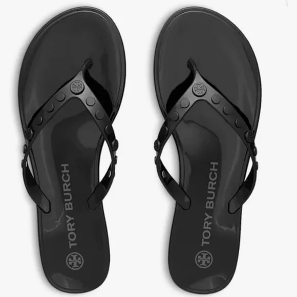 Tory Burch Women's Studded Jelly Thongs Sandals Flats In Perfect Black Size 7