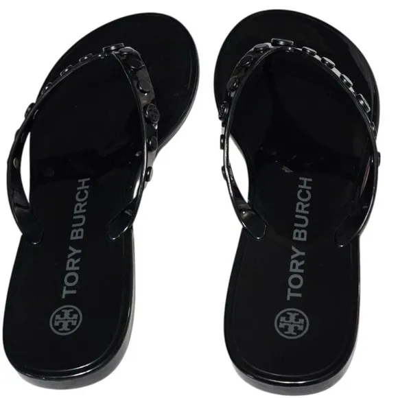 Tory Burch Women's Studded Jelly Thongs Sandals Flats In Perfect Black Size 7