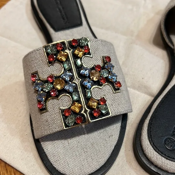 Tory BurchWomen's Natural Ines Flat Embellished Linen &amp; Leather Sandals box&amp;bag