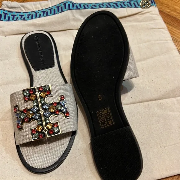 Tory BurchWomen's Natural Ines Flat Embellished Linen &amp; Leather Sandals box&amp;bag