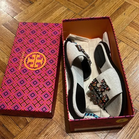 Tory BurchWomen's Natural Ines Flat Embellished Linen &amp; Leather Sandals box&amp;bag