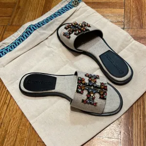 Tory BurchWomen's Natural Ines Flat Embellished Linen &amp; Leather Sandals box&amp;bag