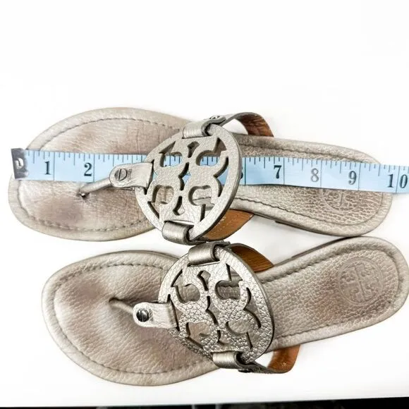 Tory Burch Miller Sandals Metallic Pewter Leather Made in Brazil Size 7.5