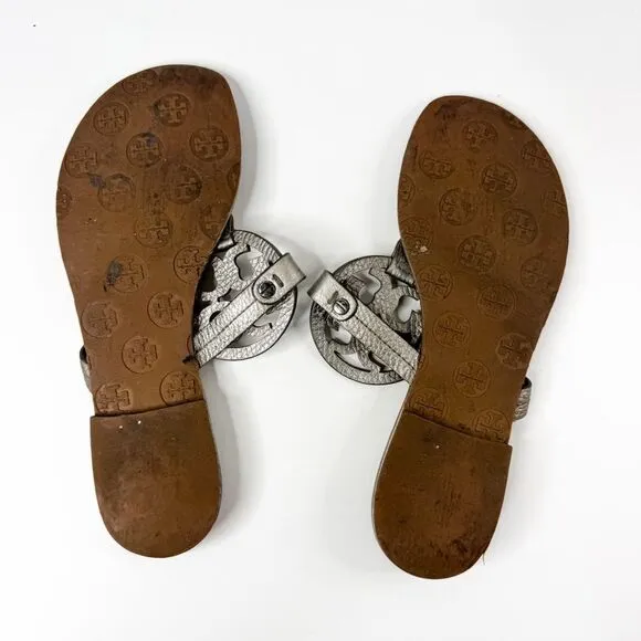 Tory Burch Miller Sandals Metallic Pewter Leather Made in Brazil Size 7.5
