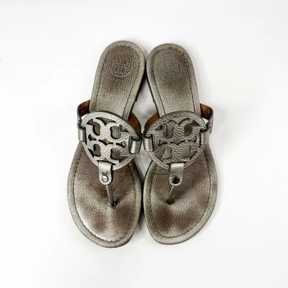 Tory Burch Miller Sandals Metallic Pewter Leather Made in Brazil Size 7.5