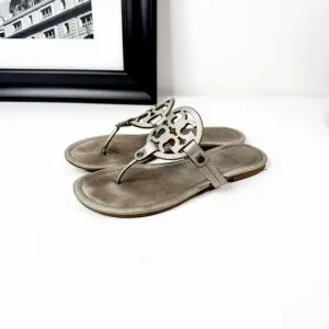 Tory Burch Miller Sandals Metallic Pewter Leather Made in Brazil Size 7.5