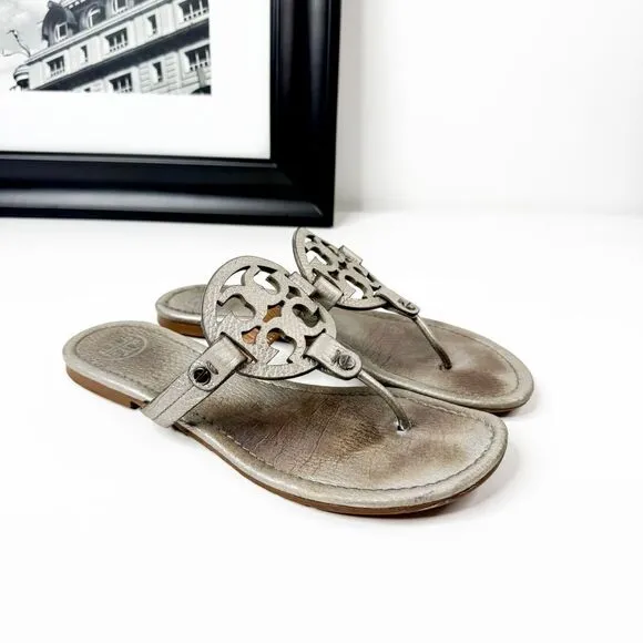 Tory Burch Miller Sandals Metallic Pewter Leather Made in Brazil Size 7.5