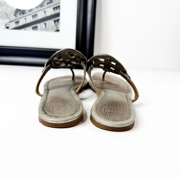 Tory Burch Miller Sandals Metallic Pewter Leather Made in Brazil Size 7.5