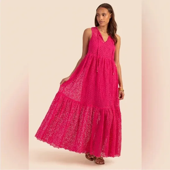 Trina Turk Beach Dress Radiant Pink Sleeveless Maxi Tiered Size Small
