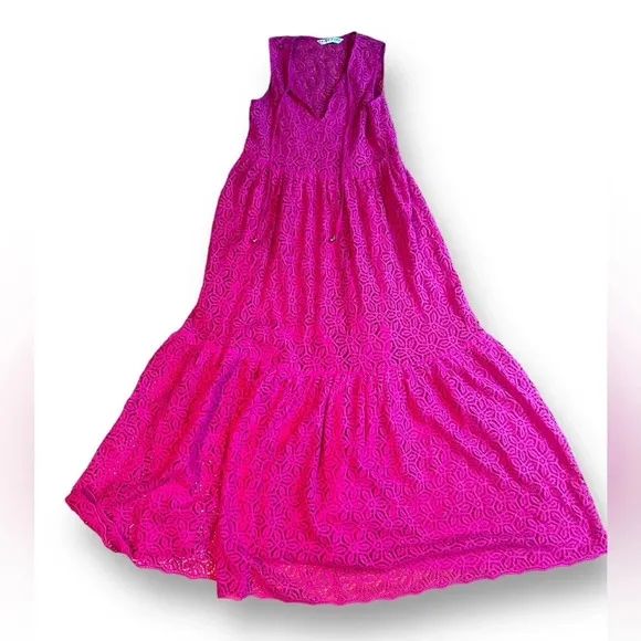 Trina Turk Beach Dress Radiant Pink Sleeveless Maxi Tiered Size Small