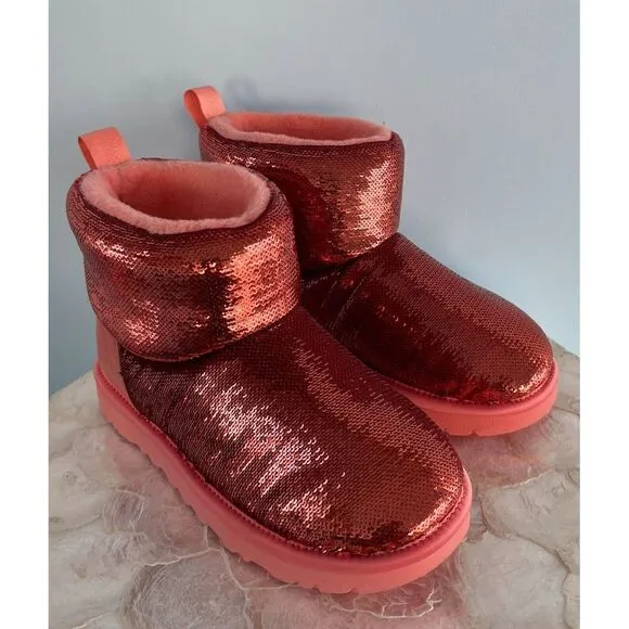 UGG $179 Classic Mini &quot;Starfish Pink&quot;‎ boots Red Sequin US 5 NEW