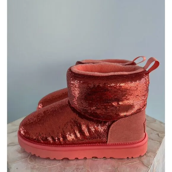 UGG $179 Classic Mini &quot;Starfish Pink&quot;‎ boots Red Sequin US 5 NEW