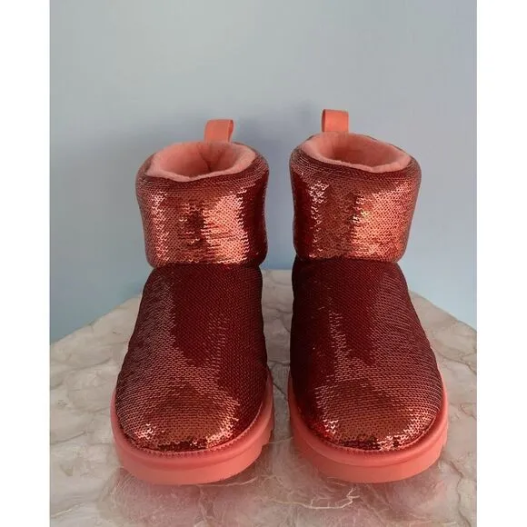 UGG $179 Classic Mini &quot;Starfish Pink&quot;‎ boots Red Sequin US 5 NEW
