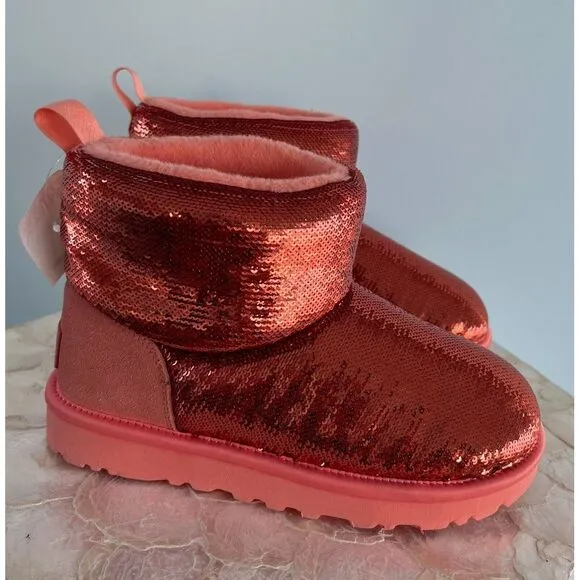 UGG $179 Classic Mini &quot;Starfish Pink&quot;‎ boots Red Sequin US 5 NEW