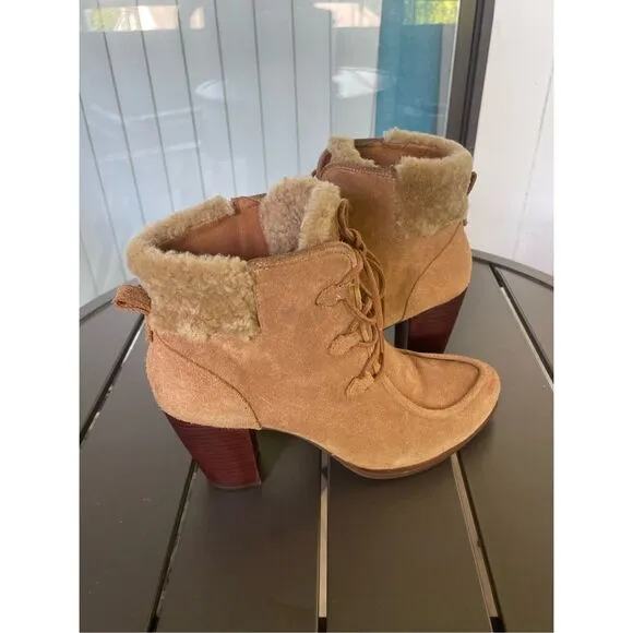 UGG Analise Chestnut Lace Up Ankle Boots Suede Chunky Heel Size 10
